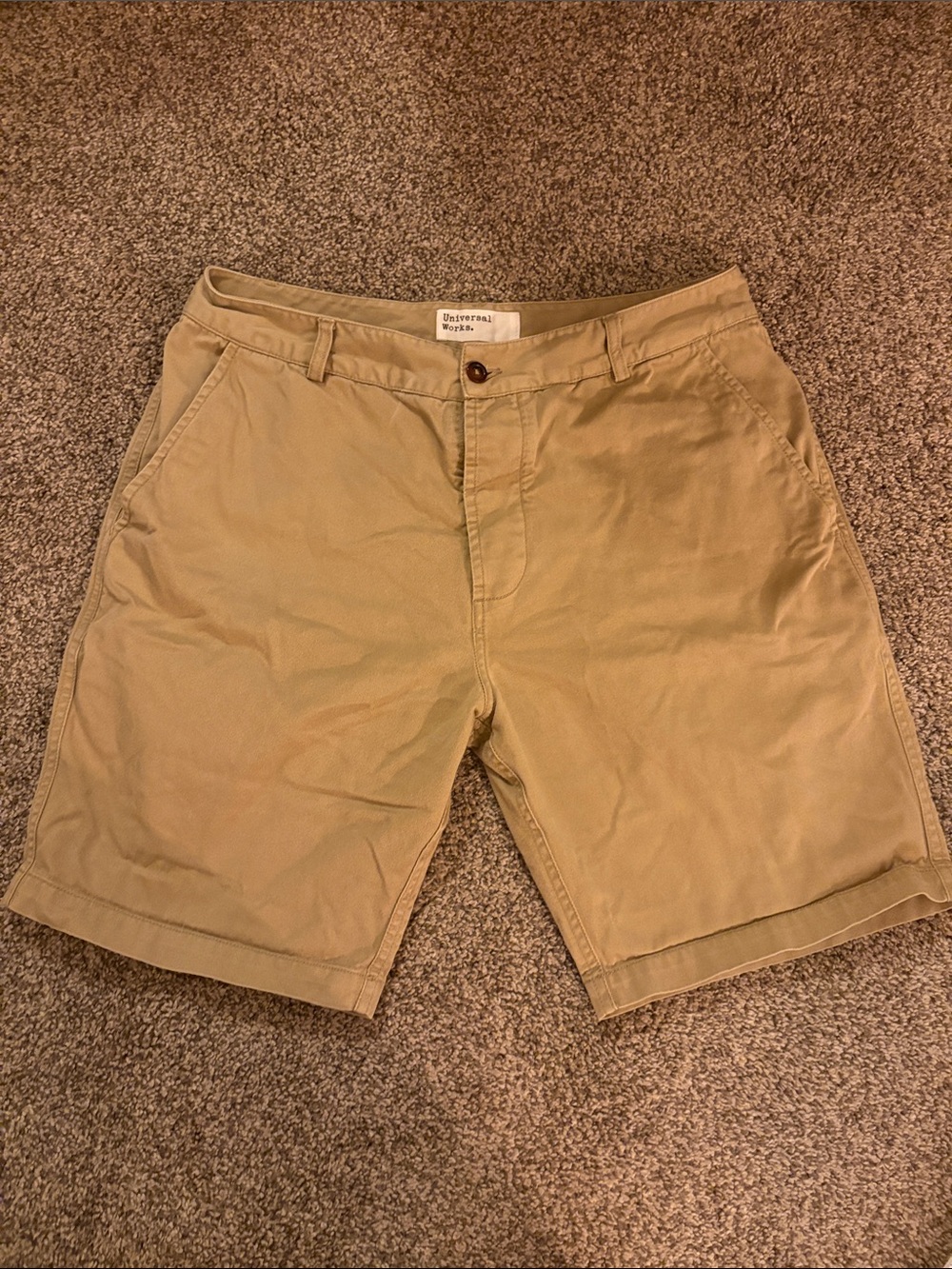 Universal Works Men's Flat-Front Tan Shorts